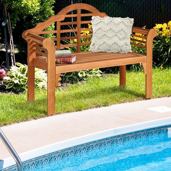 Foldable Patio Wooden Bench Garden Loveseat with Crown-Like Backrest