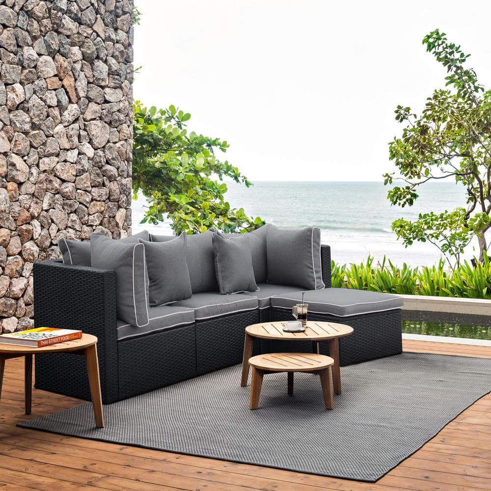 WESTIN OUTDOOR TAZZ 4 Piece Rattan Outdoor Sectional with Cushions and Throw Pillow with Black Gray OP111 4PC BK GY The Home Depot