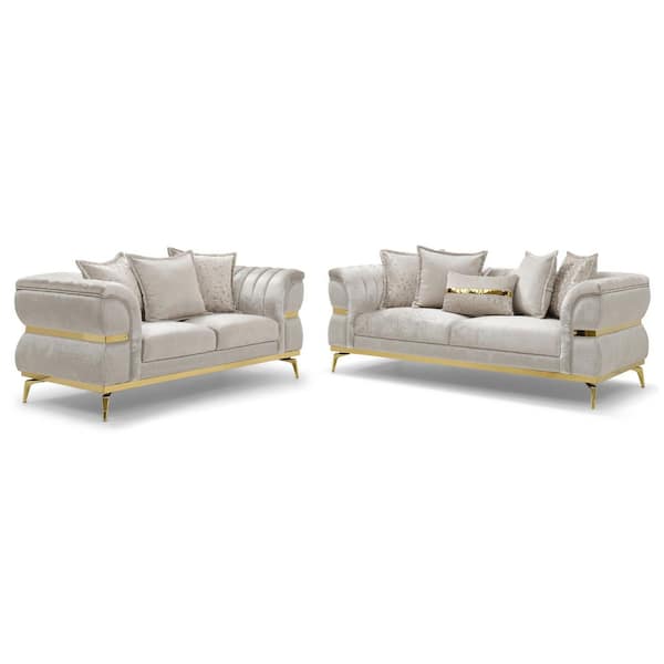 Dalso 2-Piece Beige and Gold Accents Fabric Sofa Set with Metal Legs and Flare Channeled Arms