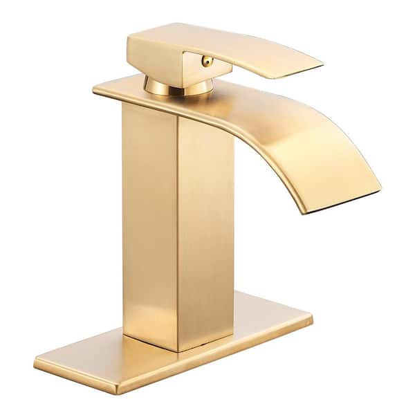 Heemli Waterfall Single Hole Single-Handle Low-Arc Bathroom Faucet with Supply Line and Deckplate in Brushed Gold