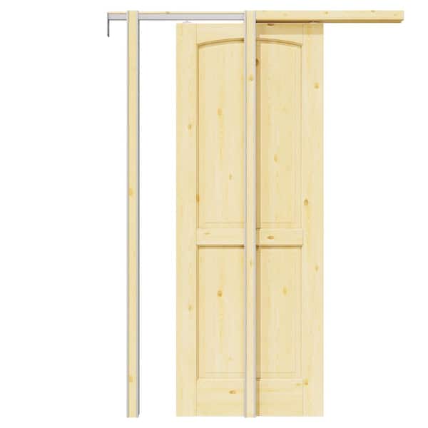 30 in. x 80 in. Arch 2-Panel Unfinished Pine Wood Sliding Pocket Door with Door Frame and Hardware (Soft Close Included)