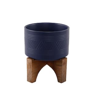 7 in. Matte Navy Mountain Ceramic Planter on Wood Stand