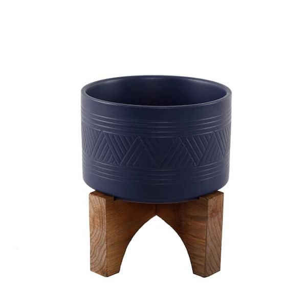 Flora Bunda 7 in. Matte Navy Mountain Ceramic Planter on Wood Stand