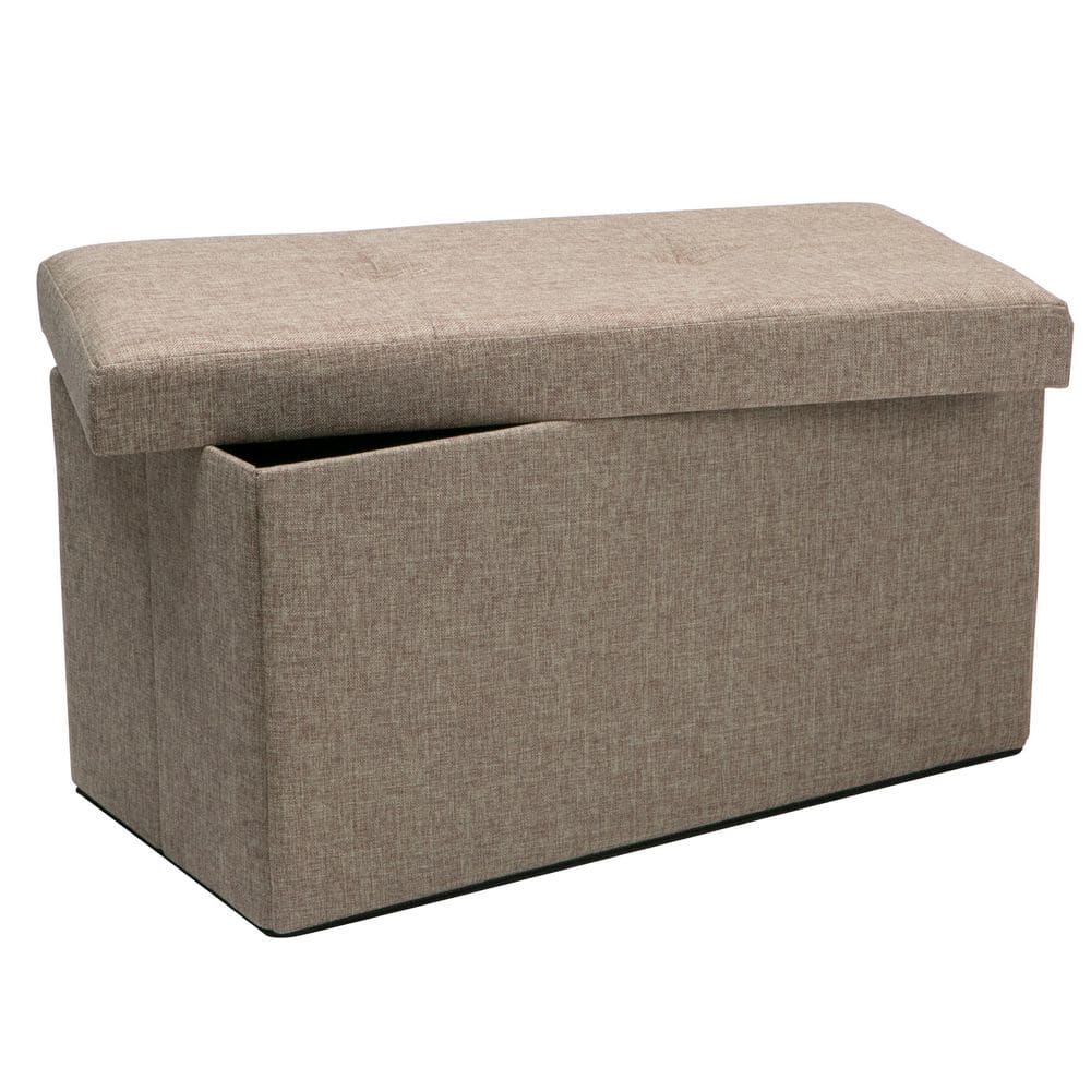 Simplify Beige Faux Linen Double Folding Storage Ottoman