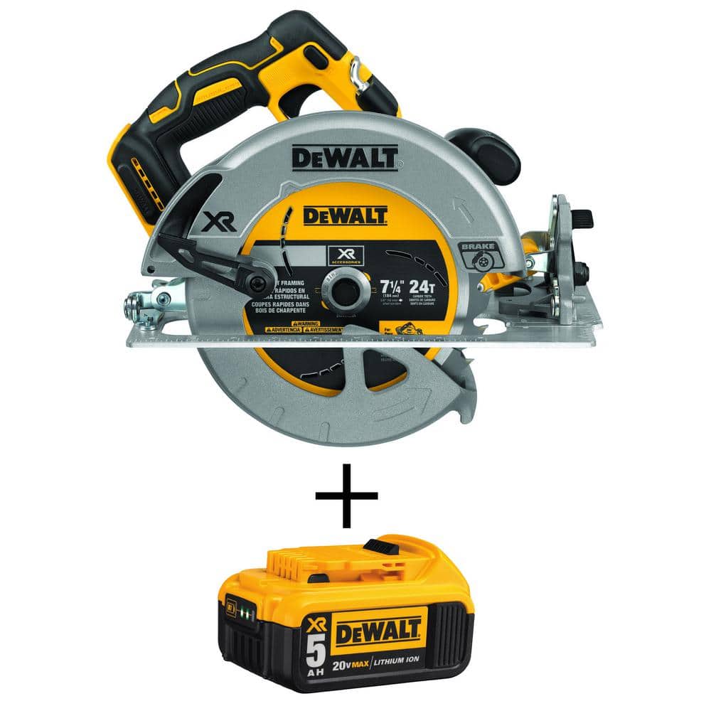 DEWALT 20V MAX XR Cordless Brushless 7-1/4 in. Circular Saw and (1) 20V MAX XR Premium Lithium-Ion 5.0Ah Battery -  DCS570BW205