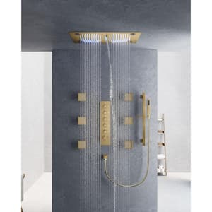 Thermostatic 31-Spray 28 x 16 in. Rectangle LED Mood Lighting Bluetooth Music Shower System with Valve in Brushed Gold