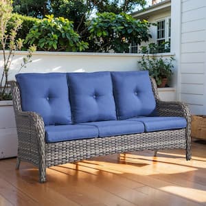 3 Seat Wicker Outdoor Patio Sofa Couch with Deep Seating and Cushions, Suitable for Porch Deck Balcony(Gray/Blue)