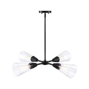 Norro 30 in. 4-Light Matte Black Modern Chandelier with Clear Glass Shades
