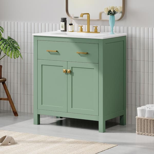 30 in. W x 18.3 in. D x 33.59 in. H Single Sink Freestanding Bath Vanity in Green with White Ceramic Top and Storage