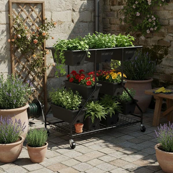 小物入れ Neighborhood garden bed Shelf Black 3-Tiers Plastic Rectangular Raised Garden Bed (20 in. L x