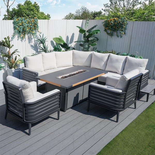 Inlay Dark Grey 7-Piece Aluminum Patio Conversation Set with Beige Cushions, a Fire Pit Table