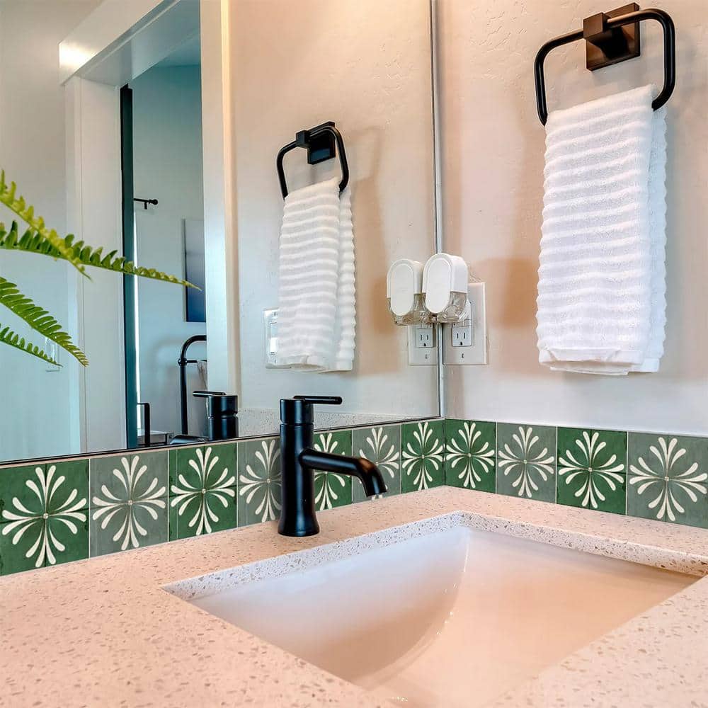Green and White Vinyl Peel and Stick Backsplash Tiles, 8x8-inch
