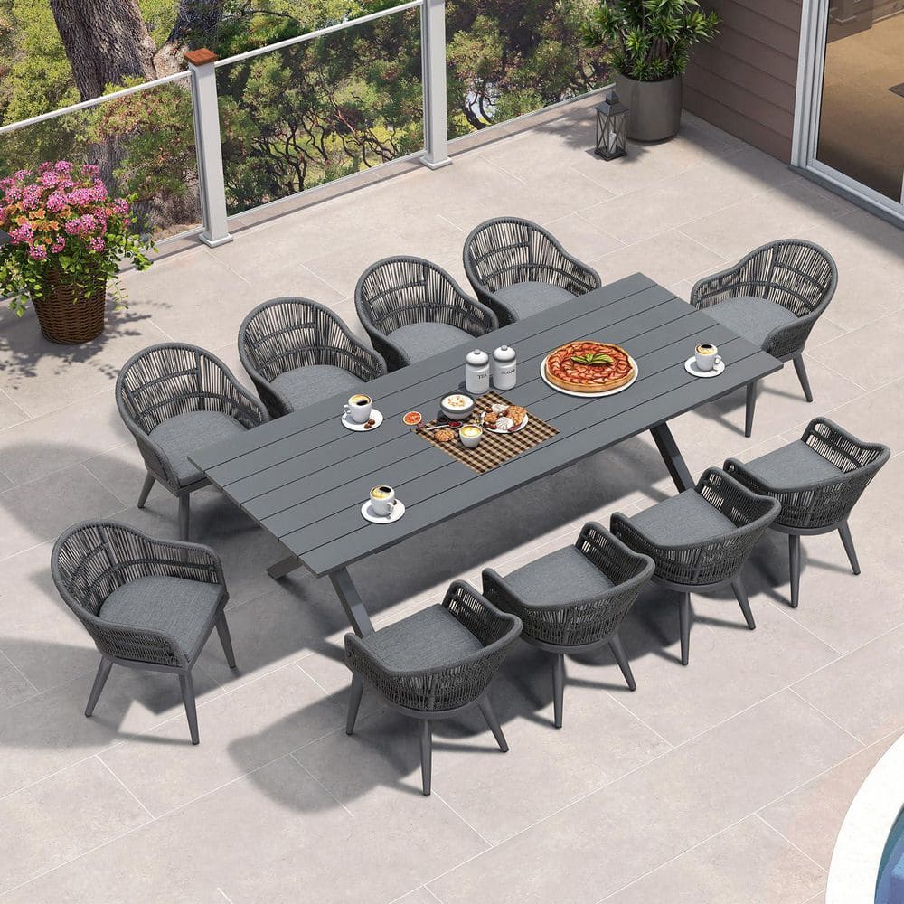 11 Piece Aluminum All-Weather PE Rattan Rectangular Outdoor Dining Set with Cushion, Grey price history on PriceWatchPro