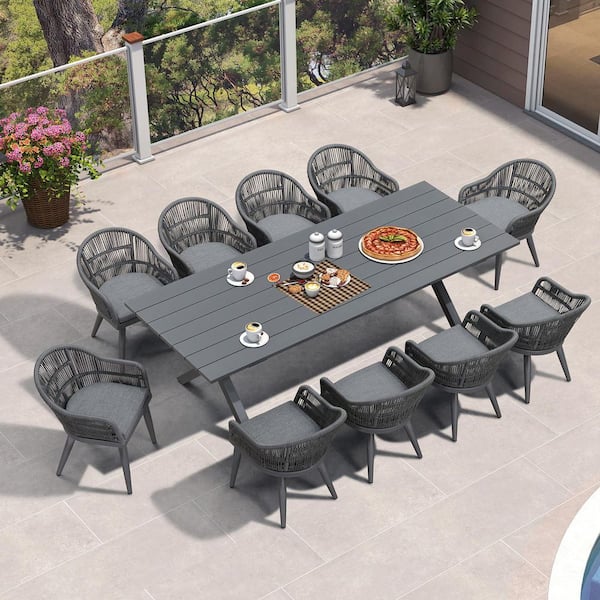 11 Piece Aluminum All-Weather PE Rattan Rectangular Outdoor Dining Set with Cushion, Grey