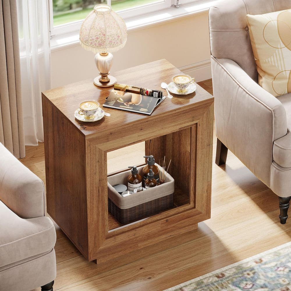 Kerlin 23.62 in. Light Walnut Rectangular Wood End Table, Nightstand Bedside Table With Storage