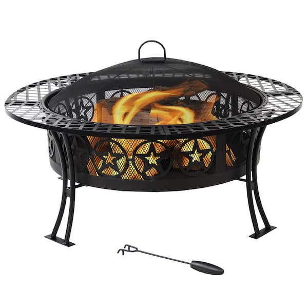 Sunnydaze Decor Four Star 40 in. W x 21.25 in. H Round Steel Wood-Burning Fire Pit Table with Spark Screen in Black