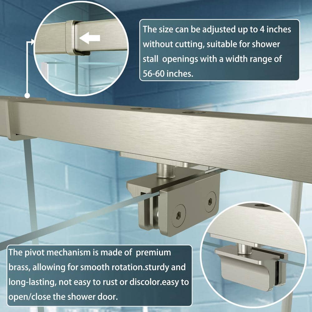 Brushed Nickel Semi-Frameless Pivot Shower Door with Clear Glass