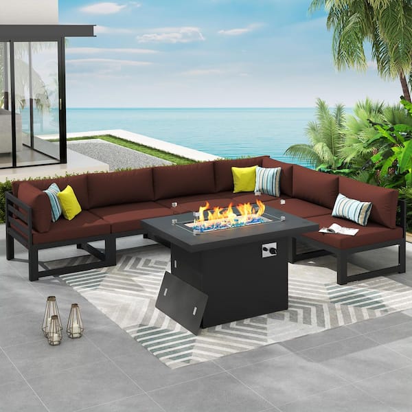 Unbranded 7-Piece Gray Aluminum Outdoor Conversation Set Deep Seating Patio Furniture with Fire Pit Table and Red Cushions