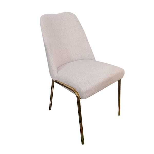 Lumen Modern Upholstered Kitchen Dining Chair with Gold Steel Legs for Dining Room and Kitchen in White Linen