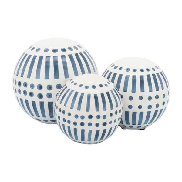 Liv & Skye Blue Stoneware Line Design Orbs (Set of 3)