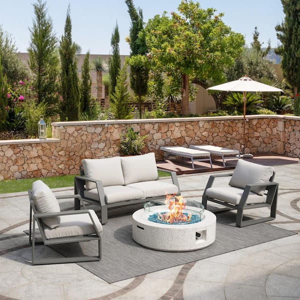 Cesicia 41 in. 50,000 BTU Round Reinforced Concrete Outdoor Fire Pit Table with Glass Wind Guard, Glass Stones, Tank Cover
