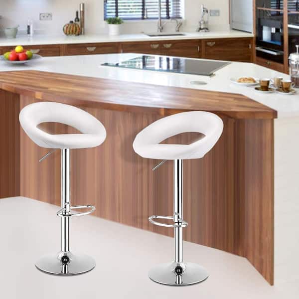 Costway 31.5 in. White Low Back Metal Bar Stools Adjustable PU Leather Barstools Swivel Pub