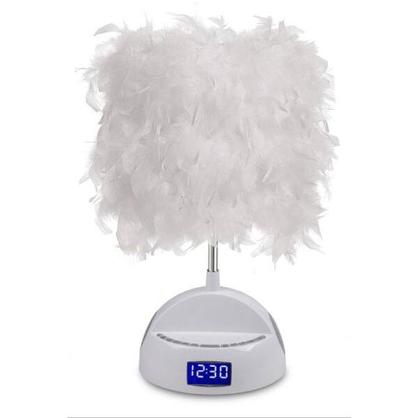 LighTunes Rhythm 15.25 in. White Bluetooth Speaker Lamp with Alarm Clock, FM Radio, USB Charging Port and Feather Boa Shade
