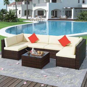 Outdoor 7-Piece Wicker Patio Conversation Set with Beige Cushions