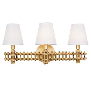 Nevis 22 in. 3-Light French Gold Vanity Light with Linen Shade