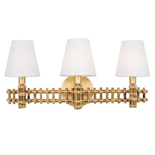 Varaluz Nevis 22 in. 3-Light French Gold Vanity Light with Linen Shade