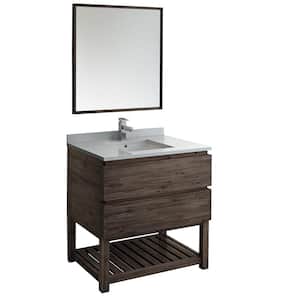 Formosa 36 in. Modern Vanity with Open Bottom in Warm Gray with Quartz Stone Vanity Top in White with White Basin,Mirror