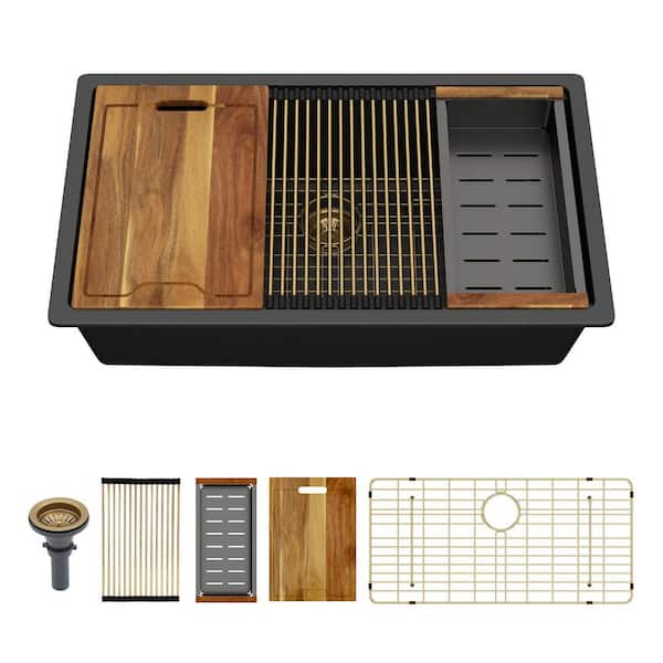 30 in. Undermount Deep Single Bowl Workstation Sink Black Quartz Composite Kitchen Sink Round Corner with Bottom Grid