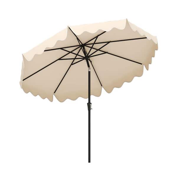 9 ft. Metal Market Tilt Patio Umbrella in Beige with Scalloped Edges with Crank Handle and Push Button Poolside Umbrella