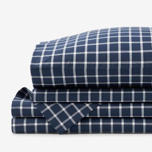 The Company Store Company Cotton Windowpane Yard-Dyed White/Navy Cotton Percale Twin XL Sheet Set