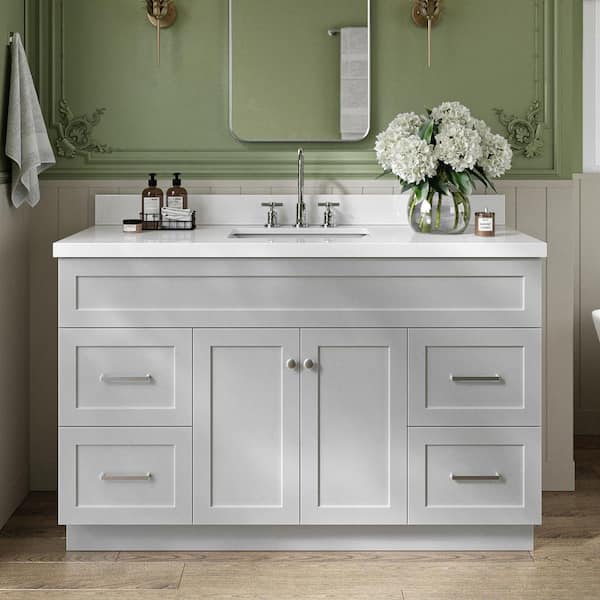 Hamlet 54 in. W x 22 in. D x 36 in. H Bath Vanity in Gray with White Pure White Quartz Top