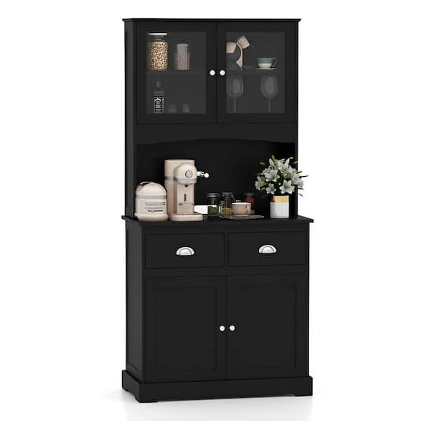 Bunpeony Black Wood 31.5 in. Kitchen Island Buffet Hutch Pantry Cabinet with 2 Drawers and Adjustable Shelves