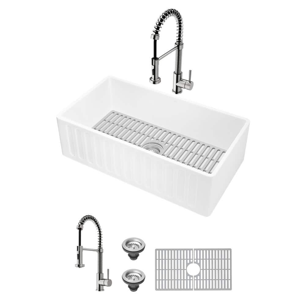 VIGO Matte Stone 36"" Single Bowl Farmhouse Apron Front Undermount Kitchen Sink with Faucet in Stainless Steel and Accessories, Matte White -  VG84055