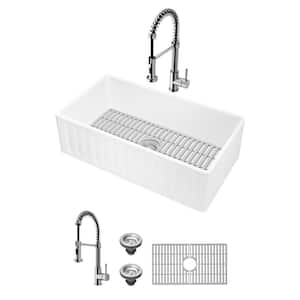 Matte Stone 36" Single Bowl Farmhouse Apron Front Undermount Kitchen Sink with Faucet in Stainless Steel and Accessories
