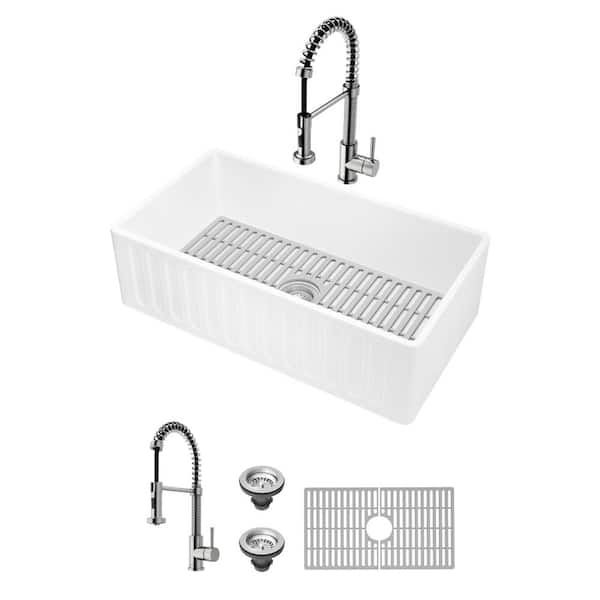 VIGO Matte Stone 36" Single Bowl Farmhouse Apron Front Undermount Kitchen Sink with Faucet in Stainless Steel and Accessories