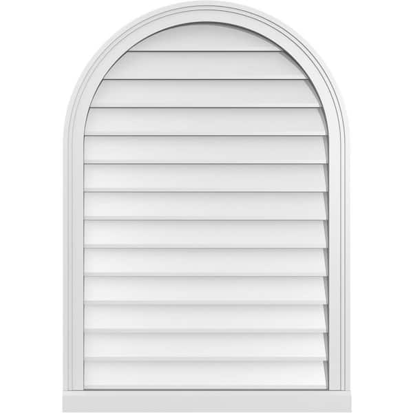 Ekena Millwork 28 in. x 40 in. Round Top Surface Mount PVC Gable Vent: Decorative with Brickmould Sill Frame