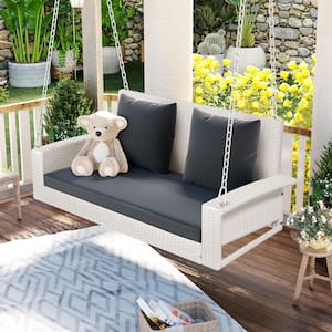 2-Seat White Wicker Hanging Porch Swing with Chains, Gray Cushion, Pillow, Rattan Swing Bench