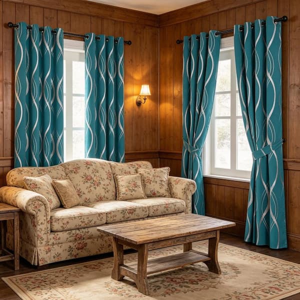 Teal Wave Line Foil Printed 52 in. W x 84 in. L Room Darkening