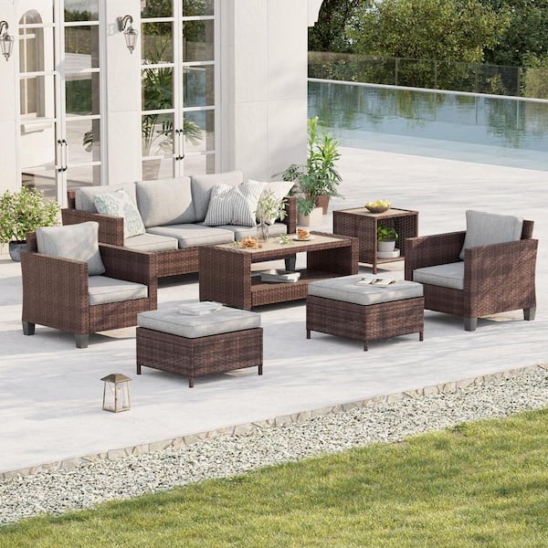 7-Piece Patio Conversation Set Brown Wicker Outdoor Furniture Set Three-Seat Sofa Thickening Cushions, Linen Grey