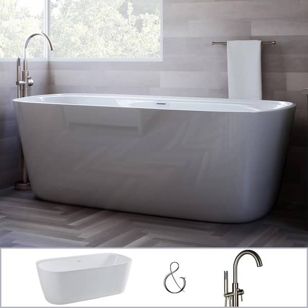 PELHAM & WHITE Bayberry 63 in. Acrylic Oval Freestanding Bathtub in White, Floor-Mount Single-Post Faucet in Brushed Nickel