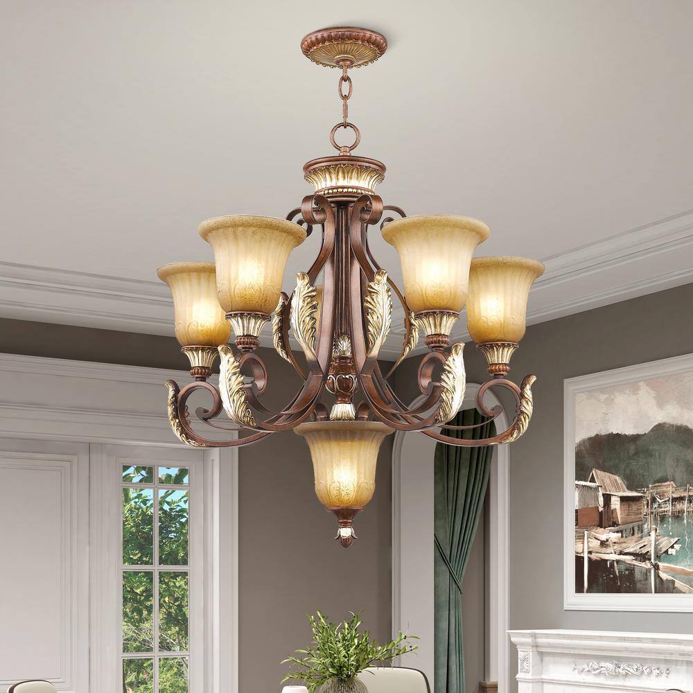 Villa Verona 5-Light Chandelier in Bronze with Aged Gold Leaf Accents