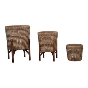 Natural Hand-Woven Seagrass and Rattan Planters with 2 Wood Stands (5-Pack)