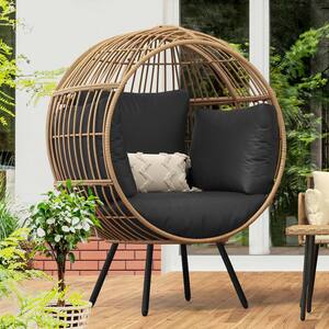 Yellow Wicker Patio Outdoor Indoor Basket Egg Chair with Black Cushion for Patio, Balcony, Bedroom