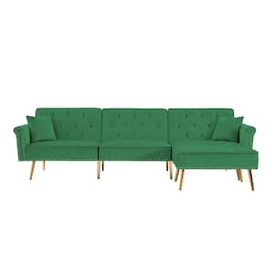 110.2 in W Flared Arm Velvet L Shaped Reclining Sofa in Green with Nailhead Trim