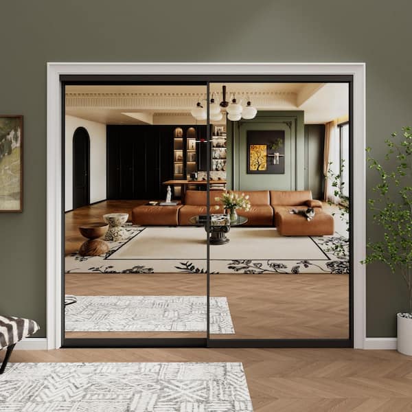 72 in. x 80 in. 1-Lite Black Mirrored Glass and Aluminum Frame Finished Closet Sliding Door with Hardware Kit