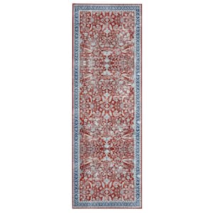 Red 2 ft. x 6 ft. Modern Persian Floral Distressed Indoor Runner Rug